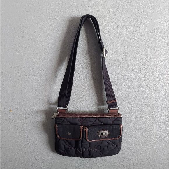 Fossil Key Per Black Quilted Crossbody Shoulder Bag Purse Brown Leather Trim - Picture 1 of 6